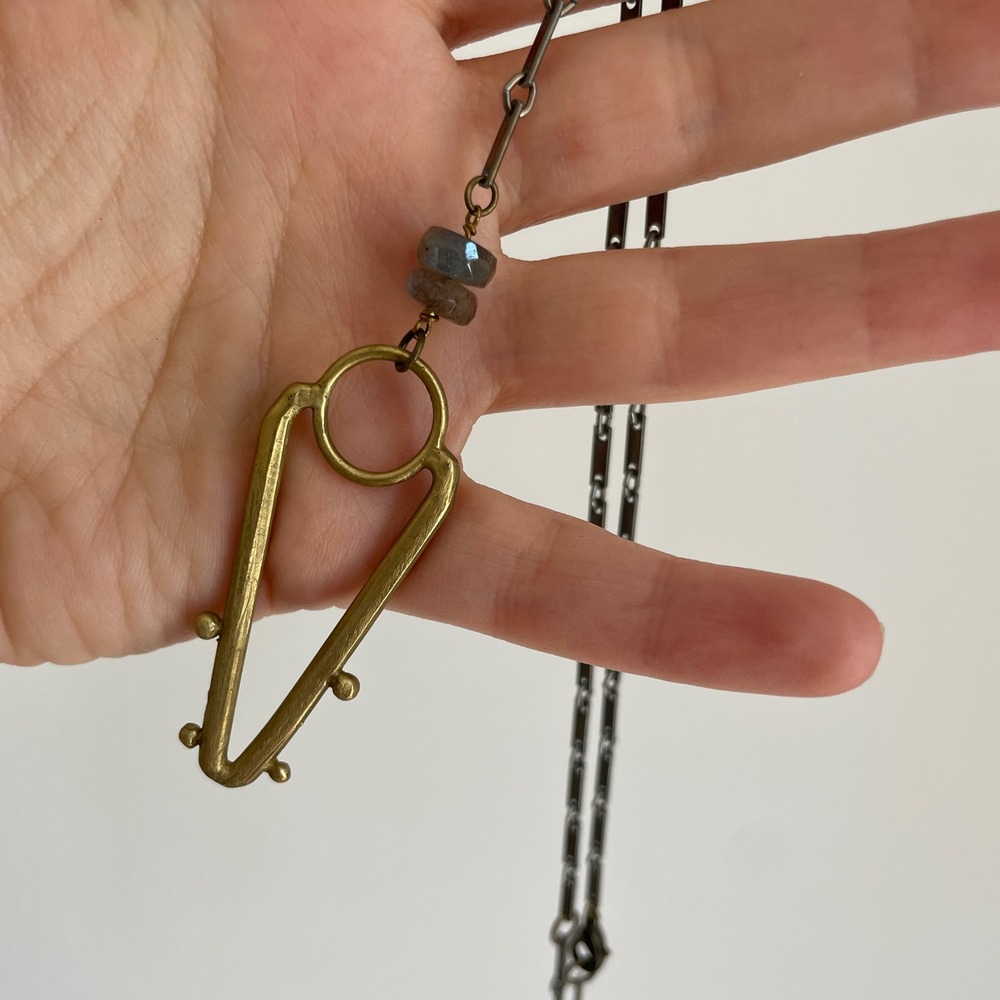 Unique Abstract Lariat Necklace Geometric Pendant Brass Tone Beads‎